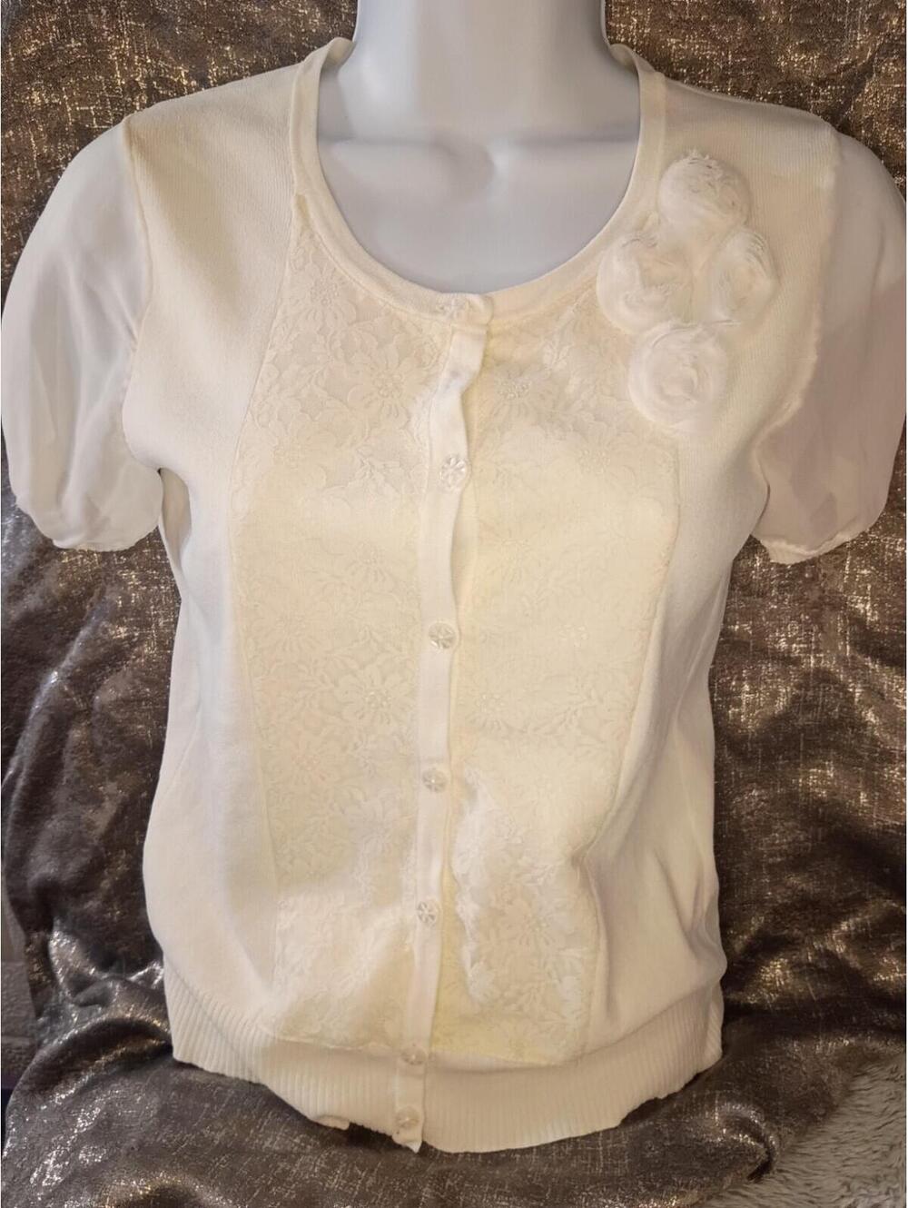 Womens White Fairy Core Cottage Core Short Sleeve Button Sweater